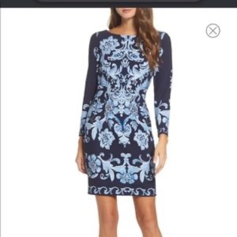 Eliza J Printed Sheath Dress blue floral long‎ sleeve dress